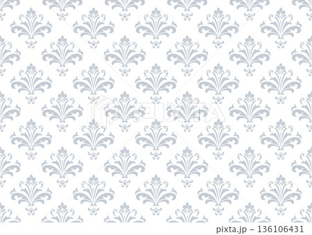 Wallpaper in the style of Baroque. White and gray floral ornament. Seamless vector background. Graphic pattern for fabric, wallpaper, packaging. Ornate Damask flower illustration Wallpaper in the style of Baroque. White and gray floral ornament. Seamless vector background. Graphic pattern for fabric, wallpaper, packaging. Ornate Damask flower illustration 136106431
