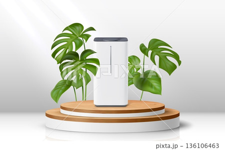 Air purifier on podium stage with green leaves. Modern humidifier displayed on a wooden circular platform with tropical monstera leaves on background. Clean, minimal and eco friendly product showcase 136106463