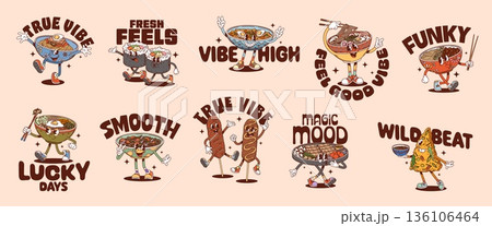 Korean cuisine funny y2k groovy stickers with cartoon asian food characters. Funny noodle soup and rice dish retro y2k vector personage stickers of hippie groovy ramen, corn dog, kimbap sushi rolls 136106464