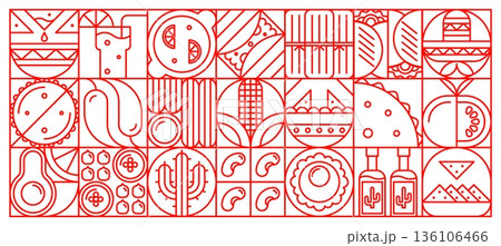 Mexican cuisine geometric pattern with abstract tacos, corn, and spicy elements with bold geometric forms. Vector cover for restaurant menus, food backgrounds, and traditional Mexican graphics 136106466