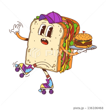 Cartoon groovy hippie sandwich character on roller skates carrying a burger on a tray. Retro y2k funky fast food waiter personage with cute face and modern cap exudes playful and cheerful vintage vibe 136106468