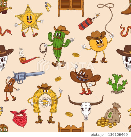 Groovy hippie western characters, wild west vector seamless pattern. Cartoon vector tile background with cactuses in boots, happy revolvers, sheriff stars and animated cowboy hats funky characters Groovy hippie western characters, wild west vector seamless pattern. Cartoon vector tile background with cactuses in boots, happy revolvers, sheriff stars and animated cowboy hats funky characters 136106469