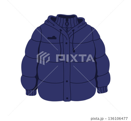 Winter wardrobe blue puffer jacket, cold season outfit accessory. Winter cold weather apparel outfit isolated sticker, autumn or spring wardrobe clothes vector element. Warm garment item or accessory 136106477