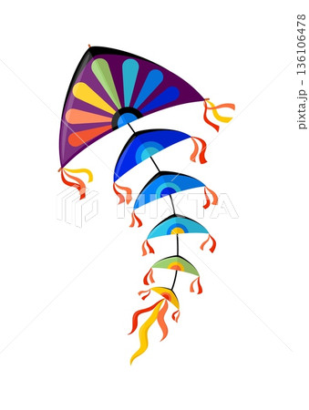 Cartoon paper kite with purple top, rainbow petal patterns and cascading segments in shades of blue, green and yellow, decorated with orange ribbons and streamers. Festival vector flying toy for kids 136106478