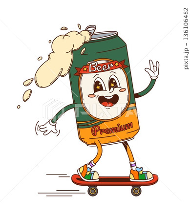 Cartoon groovy hippie beer can drink character. Bar beer or ale funky isolated vector mascot, pub beverage comic character. Beer alcohol drink opened can funny groovy personage riding skateboard Cartoon groovy hippie beer can drink character. Bar beer or ale funky isolated vector mascot, pub beverage comic character. Beer alcohol drink opened can funny groovy personage riding skateboard 136106482