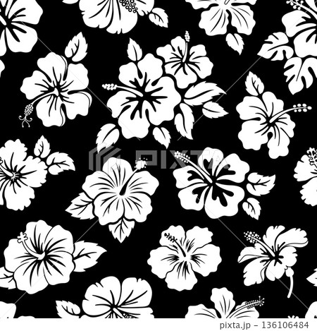 Hawaii tropical hibiscus flowers seamless pattern. Hawaiian floral background of vector leaves and flowers of tropic jungle forest mallow plants. White black exotic hibiscus pattern, fabric print Hawaii tropical hibiscus flowers seamless pattern. Hawaiian floral background of vector leaves and flowers of tropic jungle forest mallow plants. White black exotic hibiscus pattern, fabric print 136106484