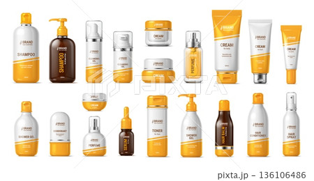 3d cosmetic product bottles mockup. Shampoo, shower gel, cleansing gel, face or body cream tube, perfume spray, skincare, toner, hair balm and conditioner, serum with dropper cosmetics product package 136106486