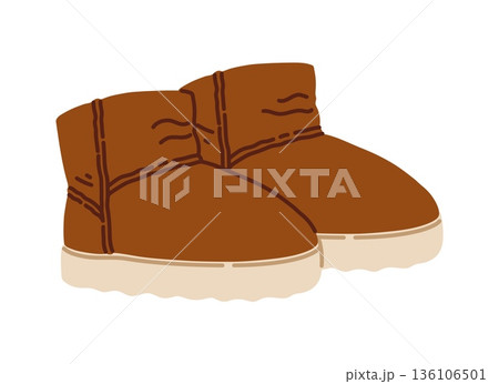 Winter wardrobe brown mini boots, outdoor apparel item. Autumn or spring garment isolated element, winter wardrobe brown mini boots cartoon vector item. Cold weather clothes accessory or sticker 136106501