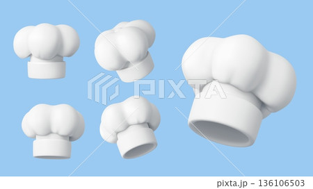 3d chef and baker white toque hats, kitchen cooker cap uniform. Vector set of cook caps, white chef hats and baker toques for kitchen staff, restaurant, cafe catering and culinary uniform headwear 136106503