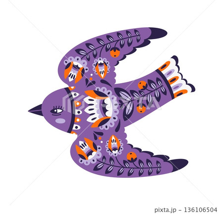 Scandinavian folklore purple ornate bird print. Scandinavian folk nature colorful decoration, Nordic bird vector print. Slavic flying dove embroidery with black, orange and white flower ornaments Scandinavian folklore purple ornate bird print. Scandinavian folk nature colorful decoration, Nordic bird vector print. Slavic flying dove embroidery with black, orange and white flower ornaments 136106504