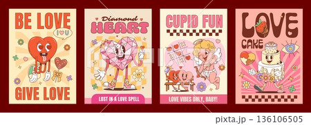 Love groovy hippie Valentine characters posters with funky heart and cupid angel, cartoon vector. Valentine day Y2K groovy funny heart in love, wedding cake with happy face and diamond heart character 136106505