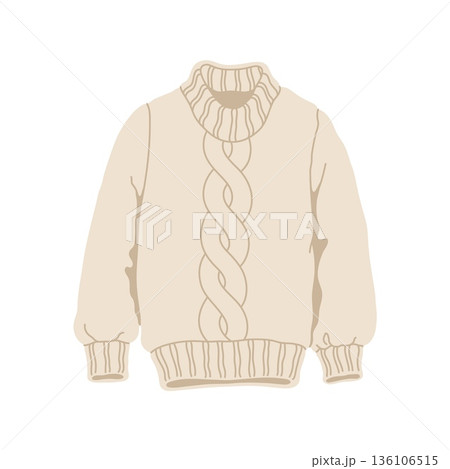 Winter wardrobe knitted beige sweater, outdoor apparel element. Cold weather knitted beige sweater isolated sticker, winter wardrobe clothes vector element. Warm garment cartoon item or accessory Winter wardrobe knitted beige sweater, outdoor apparel element. Cold weather knitted beige sweater isolated sticker, winter wardrobe clothes vector element. Warm garment cartoon item or accessory 136106515