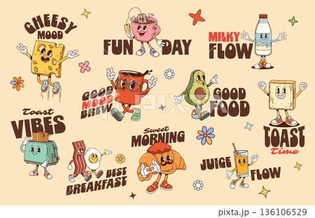 Funky breakfast food and drink y2k groovy stickers with vector slogans. Cheesy mood, fun day, milky flow, toast vibes. Good mood brew, good food, sweet morning. Toast time, best breakfast, juice flow Funky breakfast food and drink y2k groovy stickers with vector slogans. Cheesy mood, fun day, milky flow, toast vibes. Good mood brew, good food, sweet morning. Toast time, best breakfast, juice flow 136106529