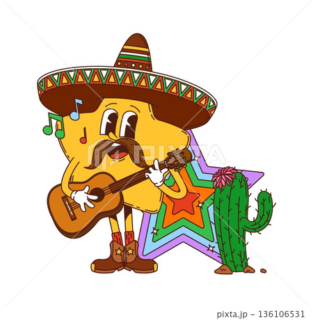 Cartoon groovy hippie star character with Mexican sombrero, mustache and guitar stands beside a cactus and retro star. Vector funky retro y2k mariachi twinkle personage with musical notes and fun vibe 136106531