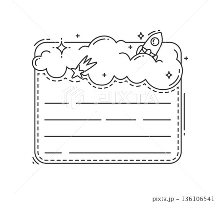 Space rocket kids memo note template. Scrapbook page vector sticker, children planner To Do list label. Kids schedule frame or diary memo note with space rocket flying in clouds, shooting star 136106541