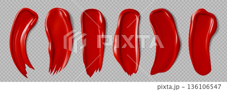 Realistic red lipstick cosmetic swatches, vector makeup and beauty products. 3d lipstick and lip gloss brush strokes with cream texture. Matte red lips makeup swatches set on transparent background Realistic red lipstick cosmetic swatches, vector makeup and beauty products. 3d lipstick and lip gloss brush strokes with cream texture. Matte red lips makeup swatches set on transparent background 136106547
