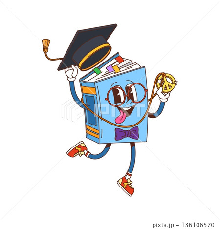 Groovy book character with blue cover, graduation cap, red sneakers, peace sign necklace, and glasses, sticking out its tongue. Playful vector character for library promotions, and school stickers Groovy book character with blue cover, graduation cap, red sneakers, peace sign necklace, and glasses, sticking out its tongue. Playful vector character for library promotions, and school stickers 136106570