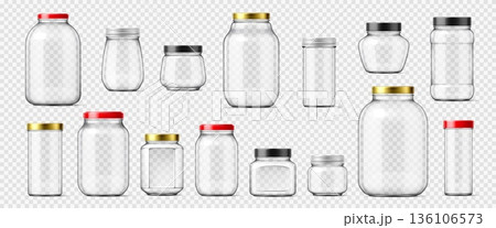 Realistic glass canning and mason jars, empty storage glassware vector 3d mockup. Jam, pickles and sauce canning containers with color metal screw lids. Homemade food preservation glass jars set 136106573