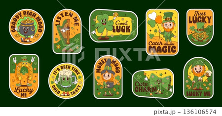 St Patrick Day holiday groovy label stickers and hippie patches with cartoon leprechaun characters. Retro psychedelic St Patrick Day vector stickers of groovy lucky clovers, gold pot and horseshoe St Patrick Day holiday groovy label stickers and hippie patches with cartoon leprechaun characters. Retro psychedelic St Patrick Day vector stickers of groovy lucky clovers, gold pot and horseshoe 136106574