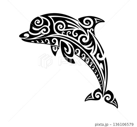 Maori dolphin animal tribe black tattoo or sticker. New Zealand ethnic graphic print, Polynesian tribe folk decoration. Maori tribal abstract tattoo 136106579