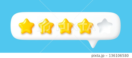 3d star rate evaluation icon, customer review feedback speech bubble. Vector realistic four gold stars of five customer satisfaction rating, evaluation survey or feedback review of product or service 136106580