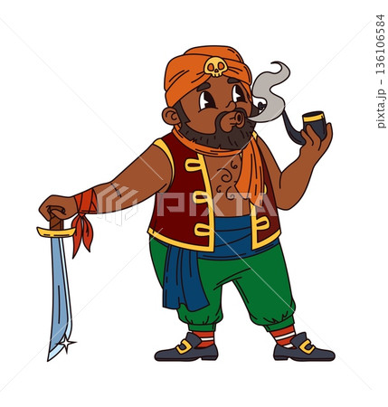 Turkish corsair pirate cartoon adorable character. Corsair captain cute personage, sailor bandit vector mascot. Pirate fighter or gunner happy character with sword, wearing turban and smoking pipe 136106584