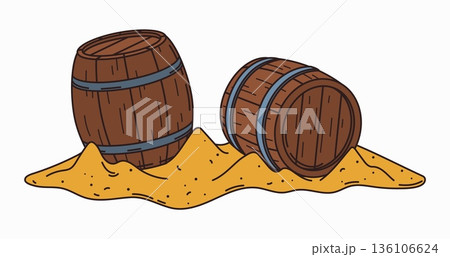 Pirate island cartoon wooden barrel, treasure map detail. Piracy nautical adventure element, treasure island vector map constructor detail. Pirate provision, rum or powder wooden barrels on beach sand 136106624