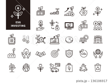 ESG投資・サステナブル経営を表現したモノクロアイコンセット 136106917