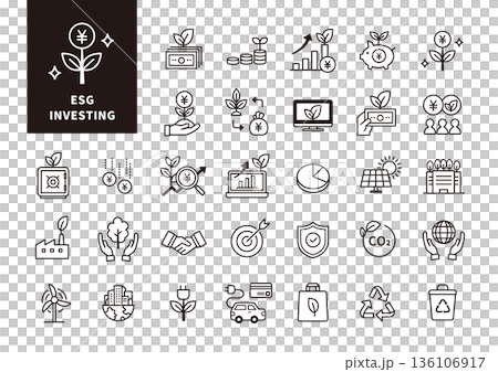 Monochrome icon set representing ESG investment and sustainable management 136106917