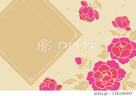 エレガントな牡丹の花が描かれた和風背景フレーム 136106997