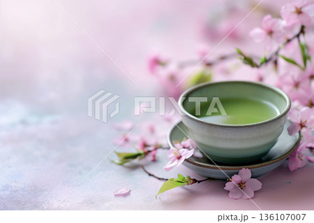 淡い背景に桜の花とカップを配置した春イメージ 淡い背景に桜の花とカップを配置した春イメージ 136107007