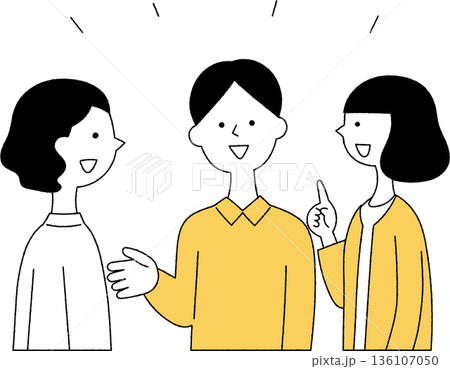 話し合いをする若い男女三人単色 話し合いをする若い男女三人単色 136107050