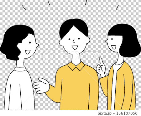 話し合いをする若い男女三人単色 話し合いをする若い男女三人単色 136107050
