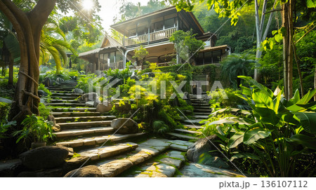 Serene tropical villa surrounded by lush greenery with stone steps leading up to the peaceful retreat on a sunny day. Serene tropical villa surrounded by lush greenery with stone steps leading up to the peaceful retreat on a sunny day. 136107112