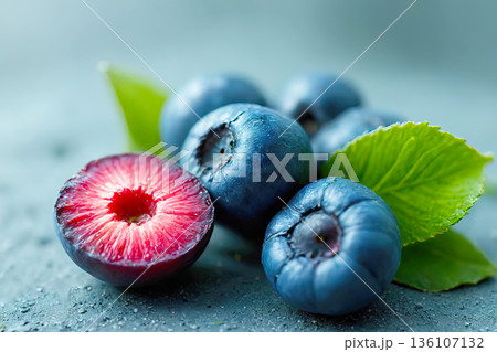 Fresh Organic Blueberries and Juicy Plum with Green Leaves Fresh Organic Blueberries and Juicy Plum with Green Leaves 136107132