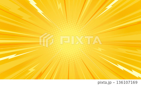 Sunburst Pop Art Comic Yellow Background. Burst Energy Speed Lines with Halftone Dotted Texture. Eye Catching Lightning Bolts Explosion Rays Banner. High Impact Manga Motion. Vector Illustration 136107169