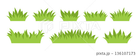Green Grass Bushes and Lawn Flat Elements Set. Cartoon Nature Landscape Fresh Growth Spring Grass Leaves Silhouettes for Eco Garden, Park, Meadow, Greenery Outdoor Scene. Vector Illustration Green Grass Bushes and Lawn Flat Elements Set. Cartoon Nature Landscape Fresh Growth Spring Grass Leaves Silhouettes for Eco Garden, Park, Meadow, Greenery Outdoor Scene. Vector Illustration 136107173