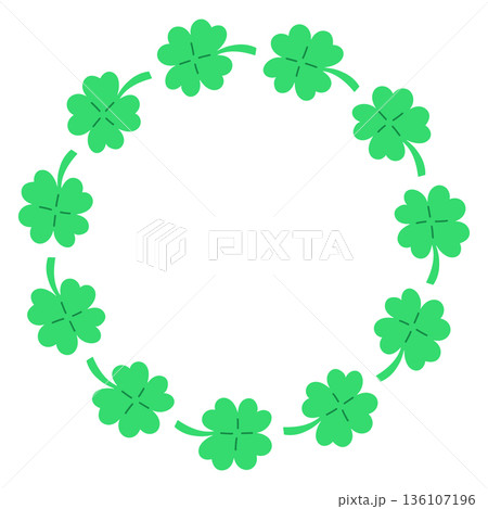 Whimsical vector circular frame made of green clover leaves. Cute hand drawn shamrock wreath isolated on white background, perfect for St Patricks Day designs, invitations, cards, and seasonal decor. 136107196
