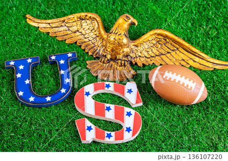 American football US decorative letters on green grass an eagle statue is above them, super bowl sports theme. 136107220