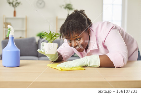 Happy African American Woman Dusting The Table During House Cleaning Happy African American Woman Dusting The Table During House Cleaning 136107233
