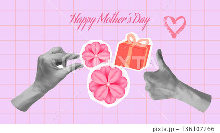 Mothers Day Collage Flowers Hearts Love Mom. For card poster social media graphic or web design in marketing campaigns. Vector illustration. 136107266