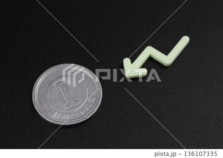 シンプルに1円玉と低下の記号で物価安を表現 シンプルに1円玉と低下の記号で物価安を表現 136107335