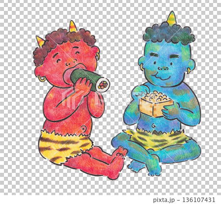恵方巻きと豆を食べる鬼のイラスト 136107431