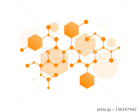 Molecular structure abstract vector illustration depicting hexagon network connections, chemical bonds in orange tones, nanotechnology concept for scientific research, biotech innovation concept 136107442