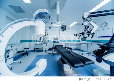 Modern equipment in operating room. Medical devices for neurosurgery. 136107857