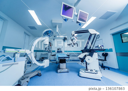 Modern equipment in operating room. Medical devices for neurosurgery. Modern equipment in operating room. Medical devices for neurosurgery. 136107863