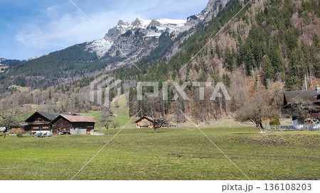 Interlaken,  Switzerland - March 17 2023: Surrounding View of Mountanious Interlaken  136108203