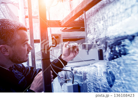 Ventilation cleaning. Specialist at work. Repair ventilation system Ventilation cleaning. Specialist at work. Repair ventilation system 136108423
