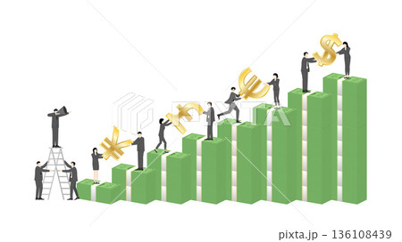 Boss leader with megaphone commanding business team to build global market expansion on banknote bar chart, leadership and corporate strategy 136108439