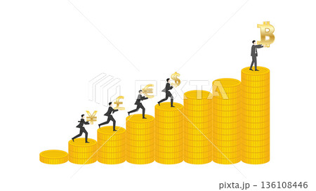 Businessman holding Bitcoin on top of rising gold coin bar chart leading major currencies, digital investment and financial growth concept 136108446